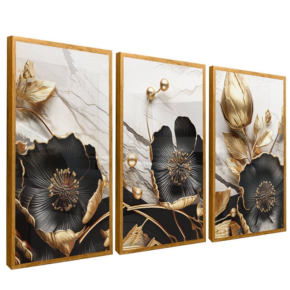 3 Pieces Golden Floral on Marble V1535 Canvas