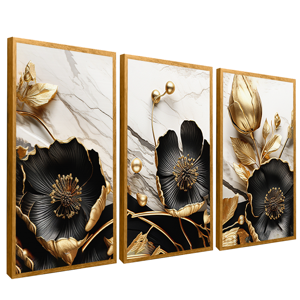 3 Pieces Golden Floral on Marble V1535 Canvas