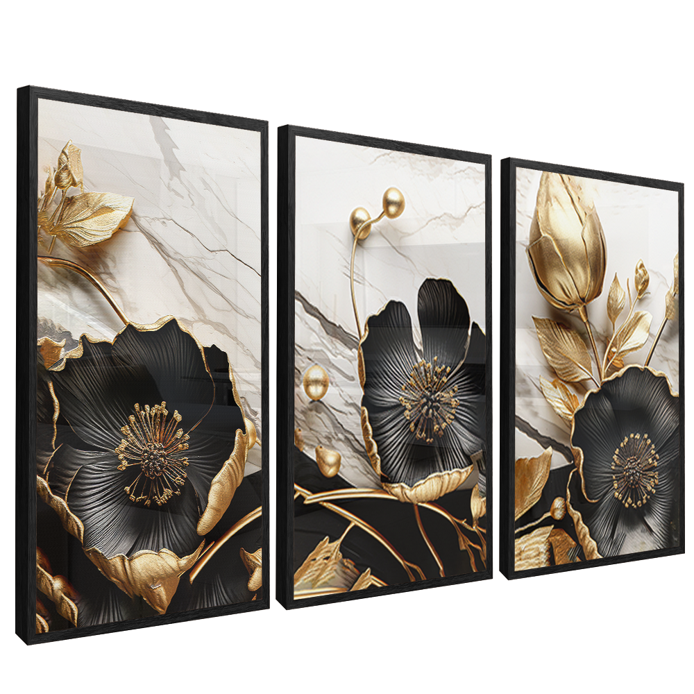 3 Pieces Golden Floral on Marble V1535 Canvas