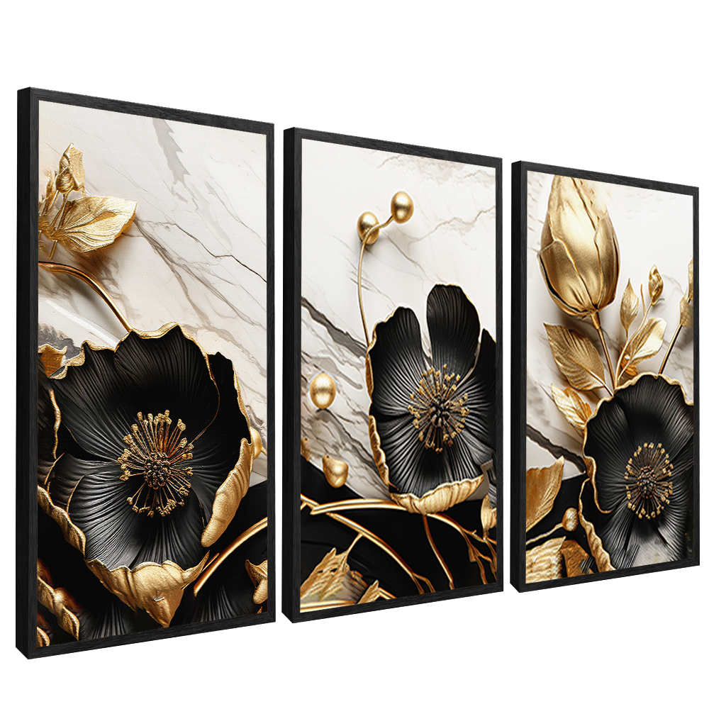 3 Pieces Golden Floral on Marble V1535 Canvas