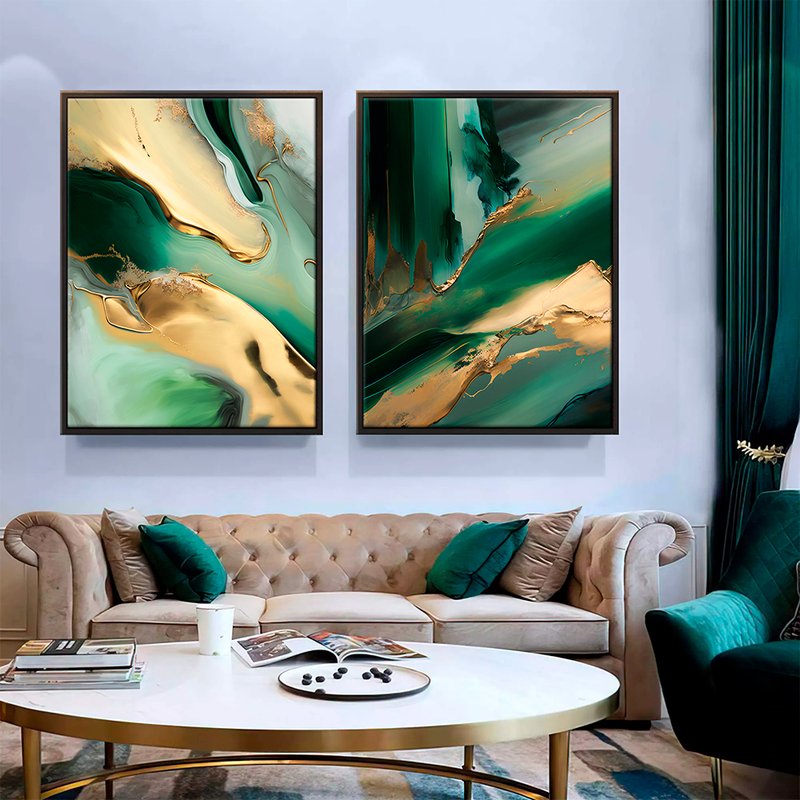 Green and Gold Abstract Kit with 2 Paintings Canvas