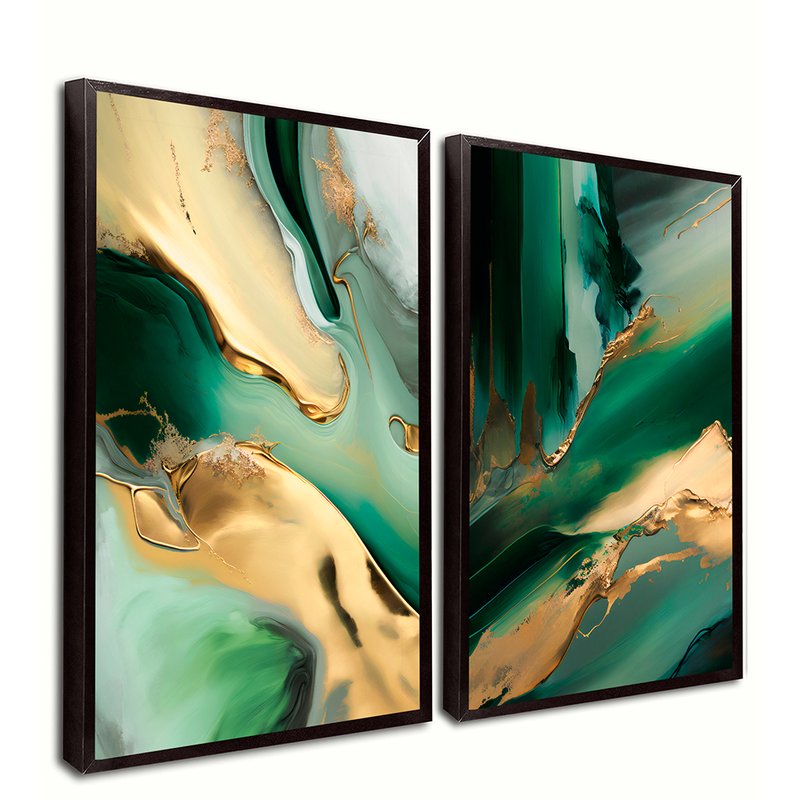 Green and Gold Abstract Kit with 2 Paintings Canvas