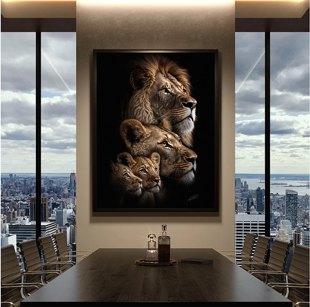 Lion with Two Cubs Full Color Canvas