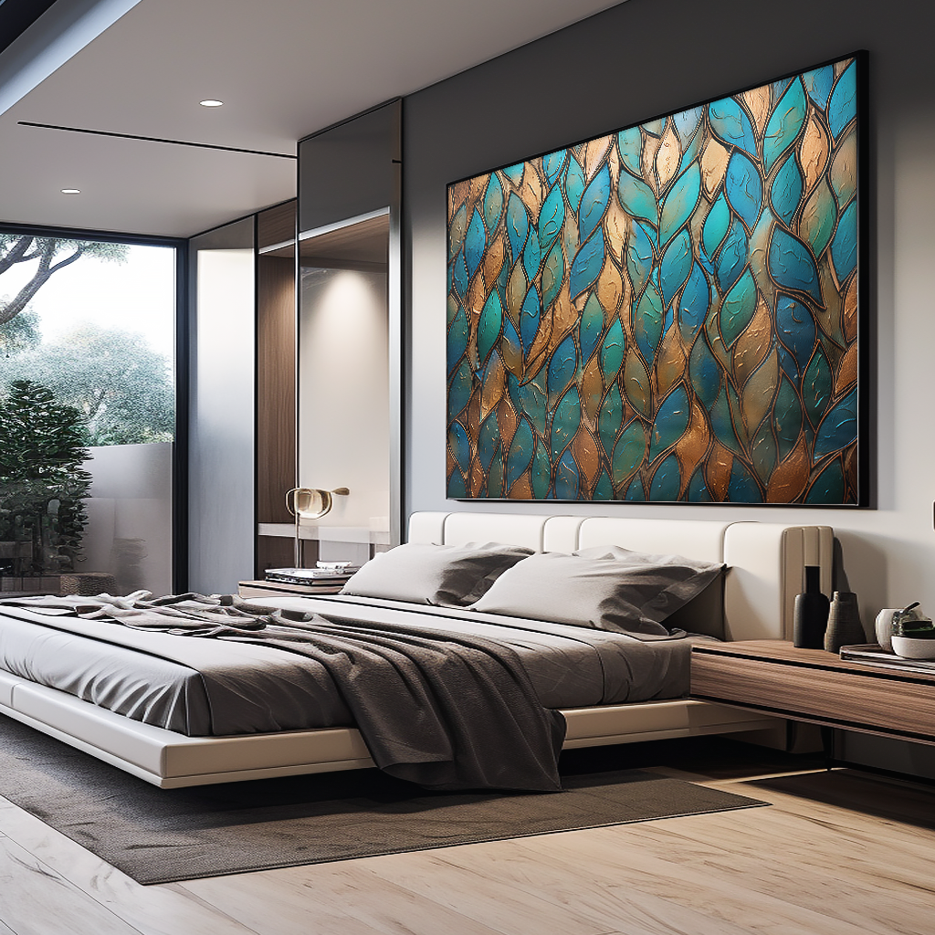 Textured Leaf Blue Gold V824 Canvas