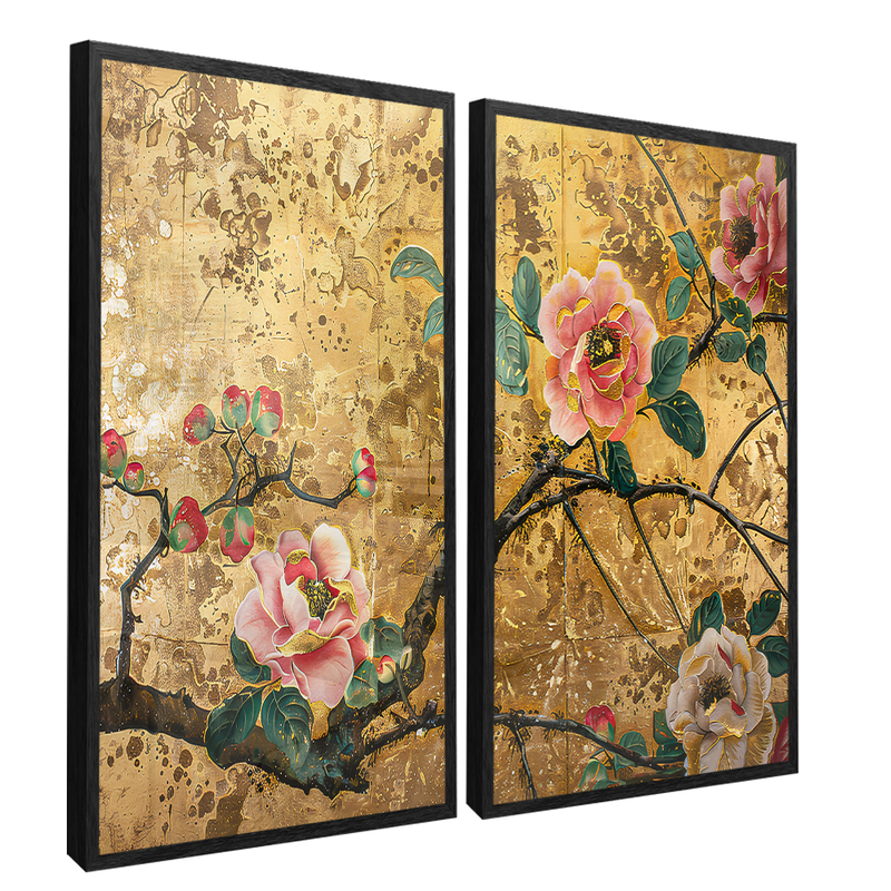 2 Floral Pieces in Gold Canvas V1406