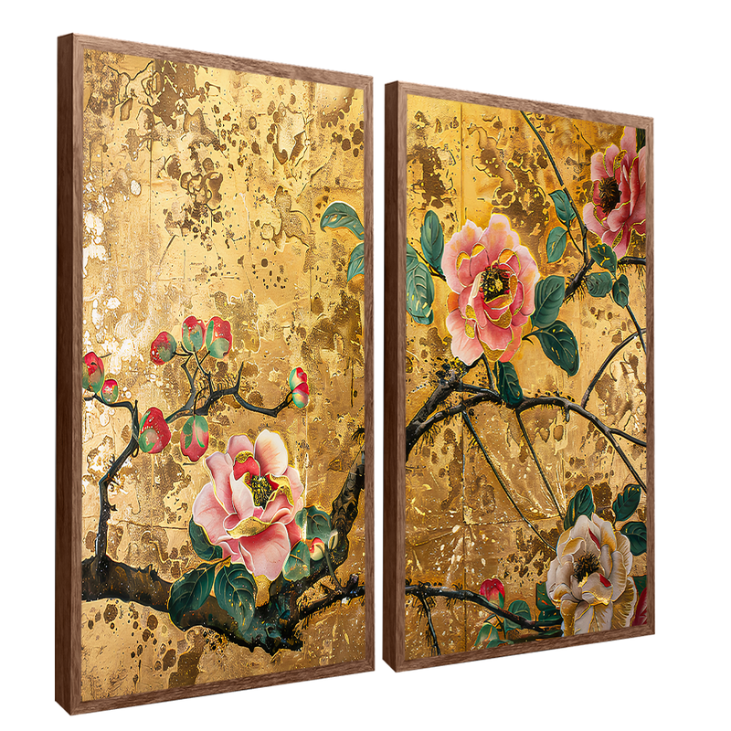 2 Floral Pieces in Gold Canvas V1406