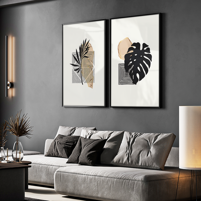 2 Pieces Geometries And Leaves Canvas V1537