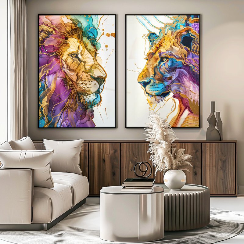 2 Pieces Watercolor Lions Canvas V1483