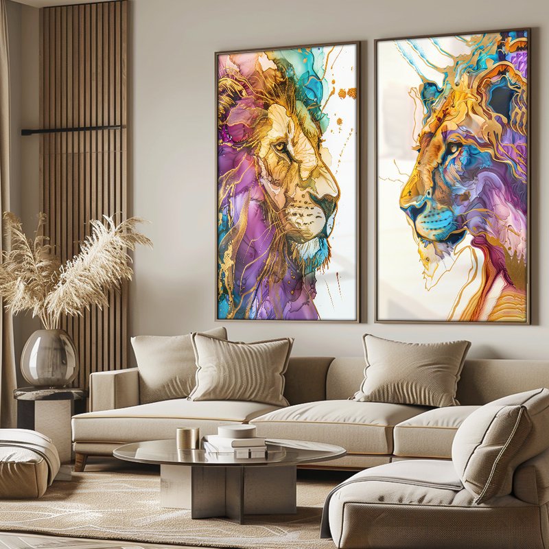 2 Pieces Watercolor Lions Canvas V1483