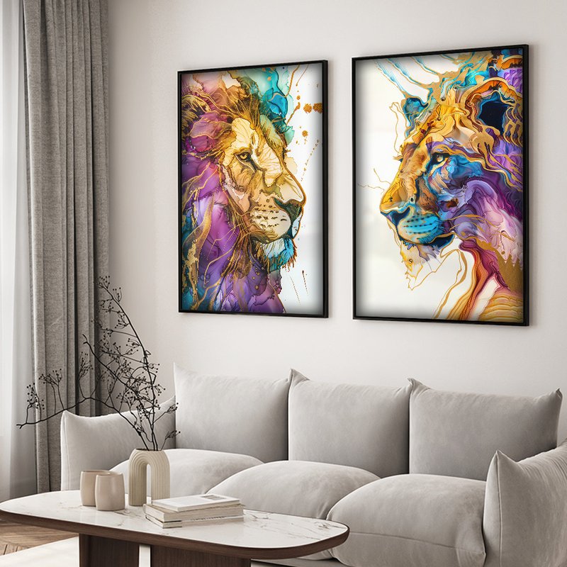 2 Pieces Watercolor Lions Canvas V1483