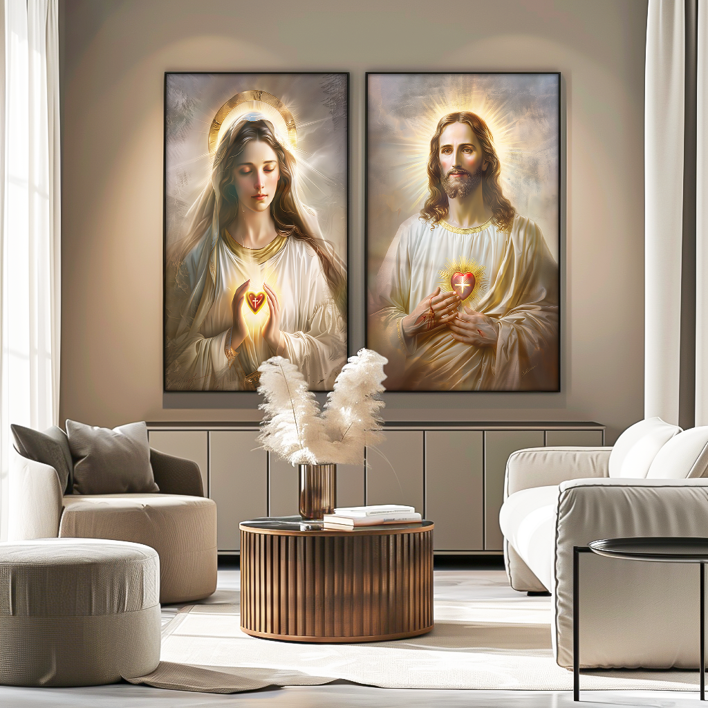 2 Pieces Sacred Heart of Jesus and Mary V1486 Canvas