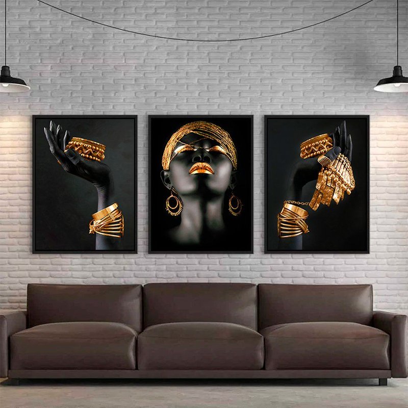 3 Black Pieces Gold Canvas