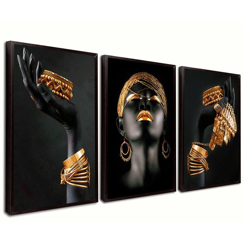 3 Black Pieces Gold Canvas