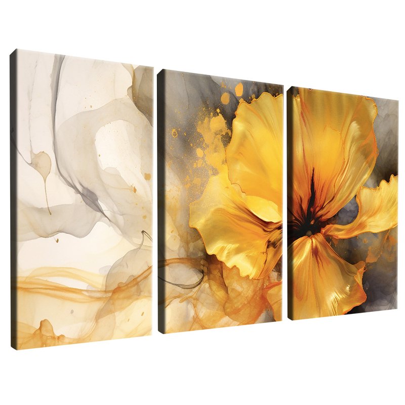 3 Pieces Abstract Painting Flower Yellow V99 Canvas