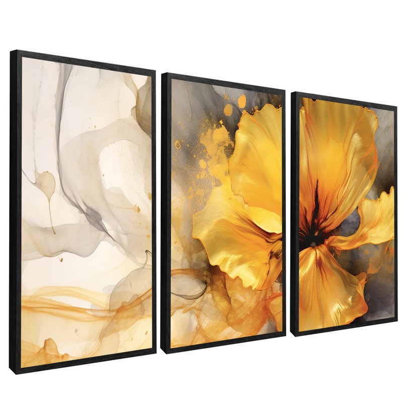 3 Pieces Abstract Painting Flower Yellow V99 Canvas