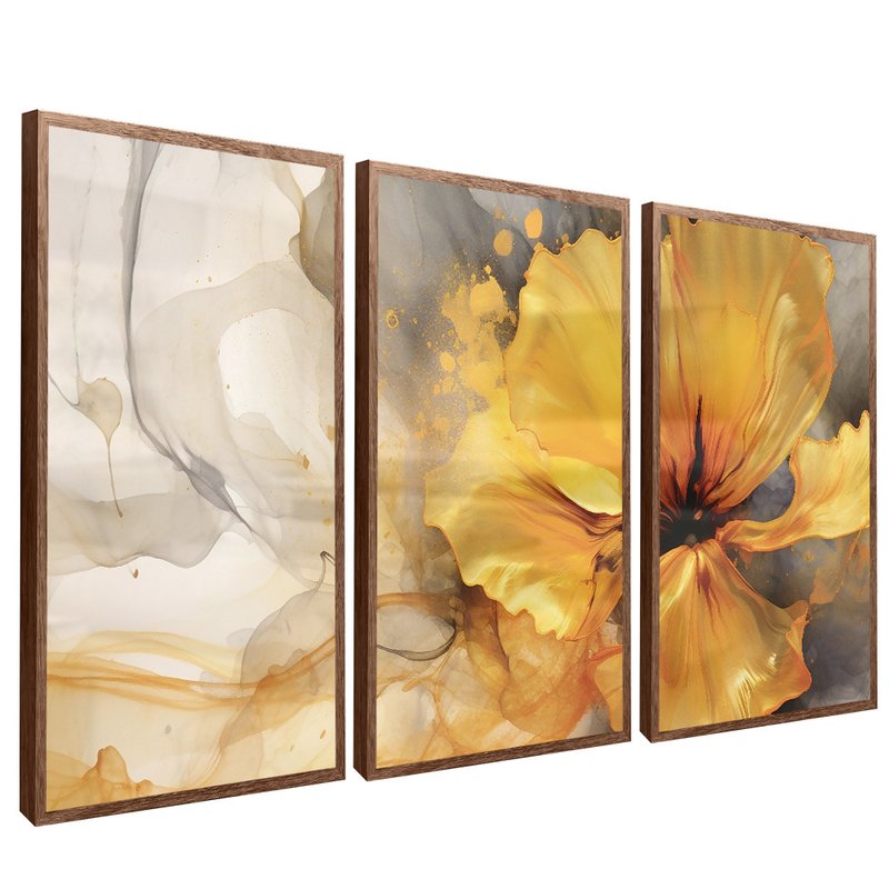 3 Pieces Abstract Painting Flower Yellow V99 Canvas