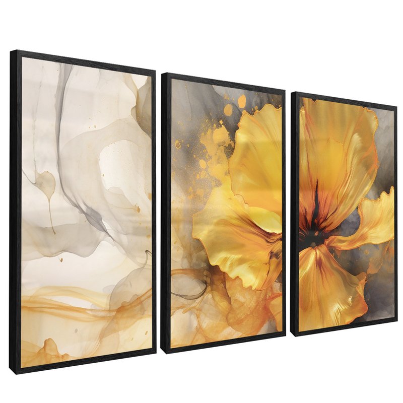 3 Pieces Abstract Painting Flower Yellow V99 Canvas