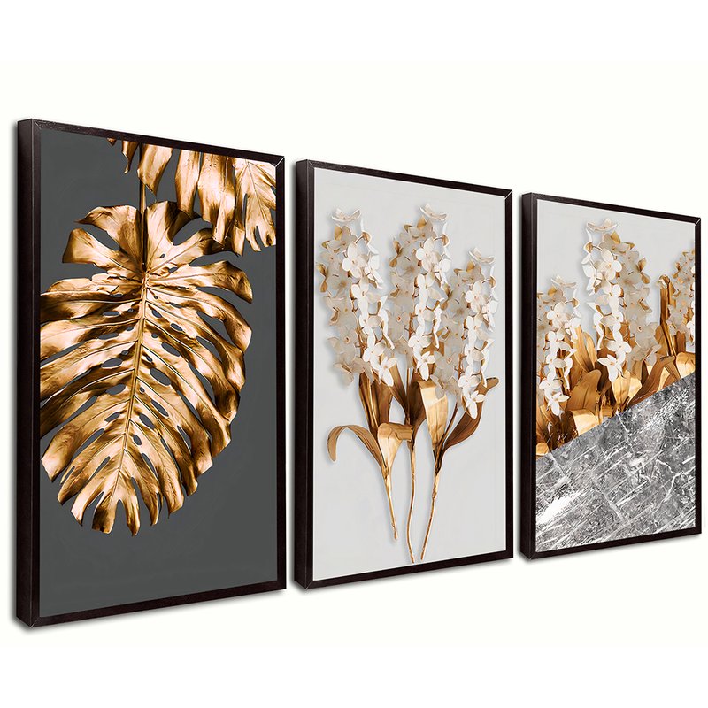 3 Pieces Art Luxury Gold Leaves Canvas