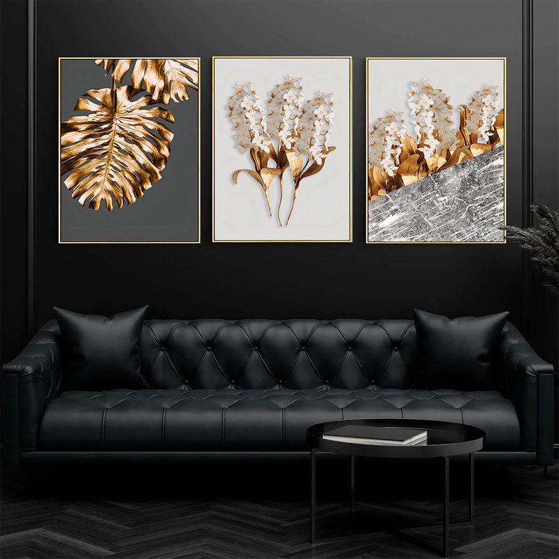 3 Pieces Art Luxury Gold Leaves Canvas