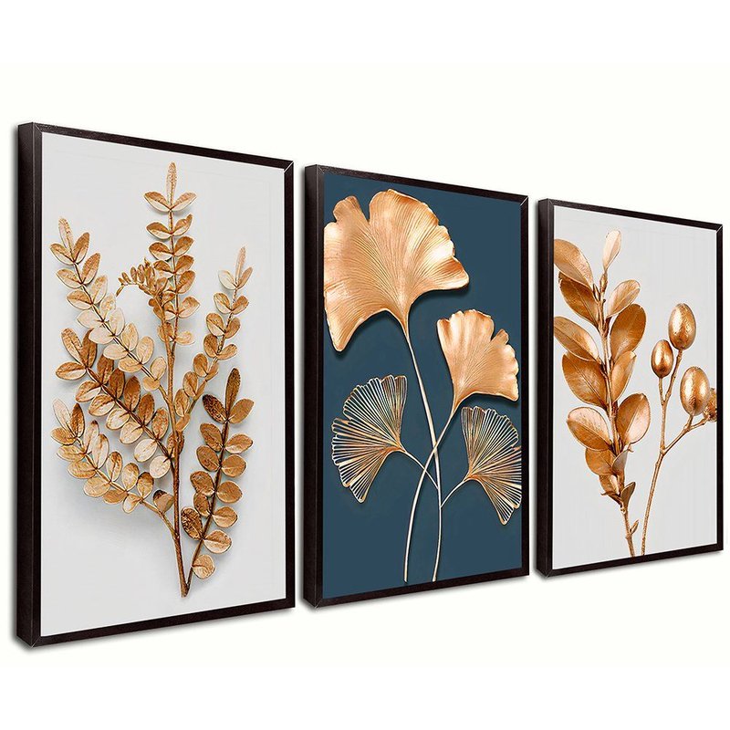 3 Pieces Art Luxury Mix Gold Leaves Canvas