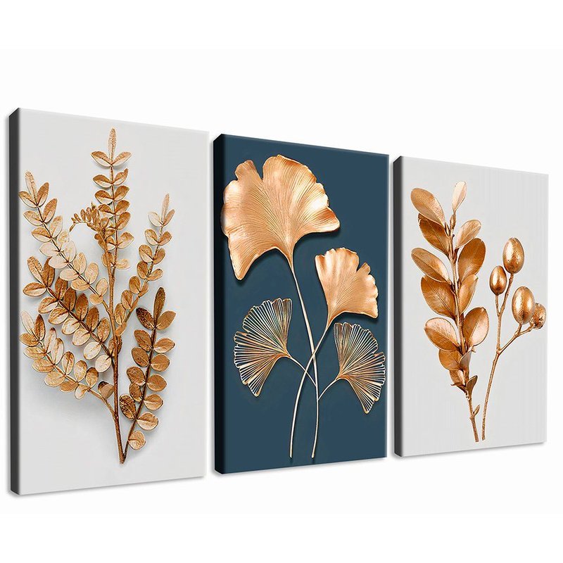 3 Pieces Art Luxury Mix Gold Leaves Canvas