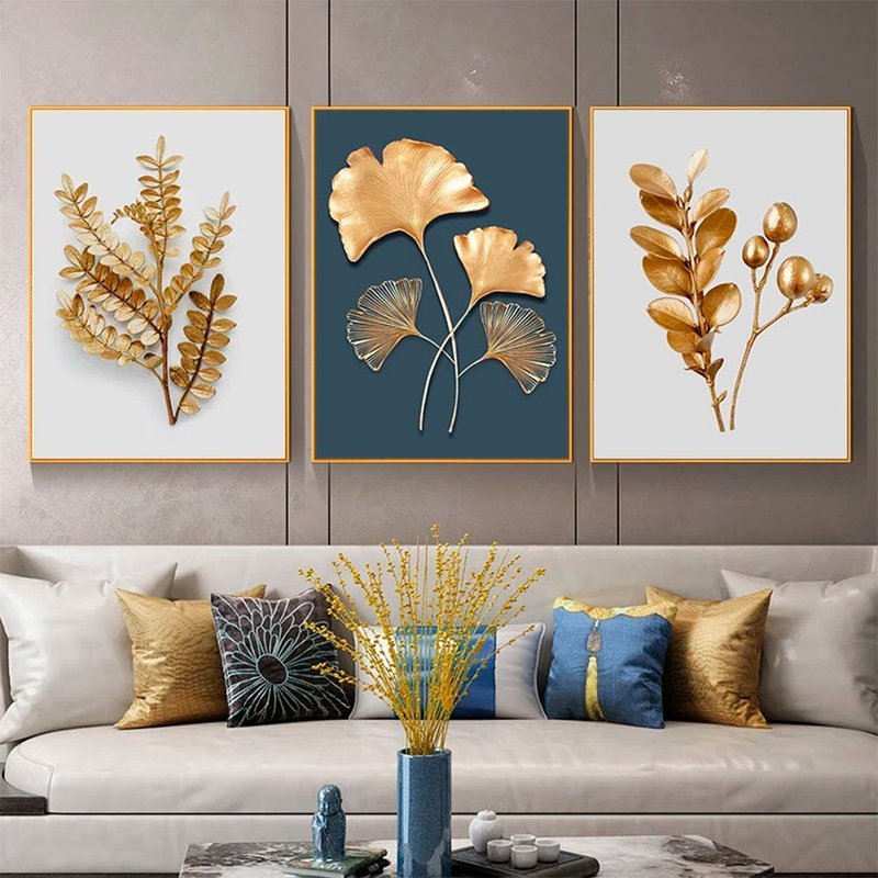 3 Pieces Art Luxury Mix Gold Leaves Canvas