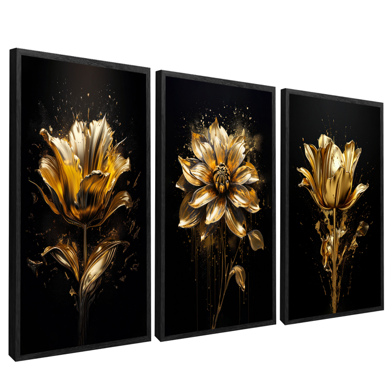 3 Pieces Flowers Paint Gold V115 Canvas