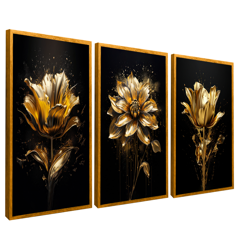 3 Pieces Flowers Paint Gold V115 Canvas