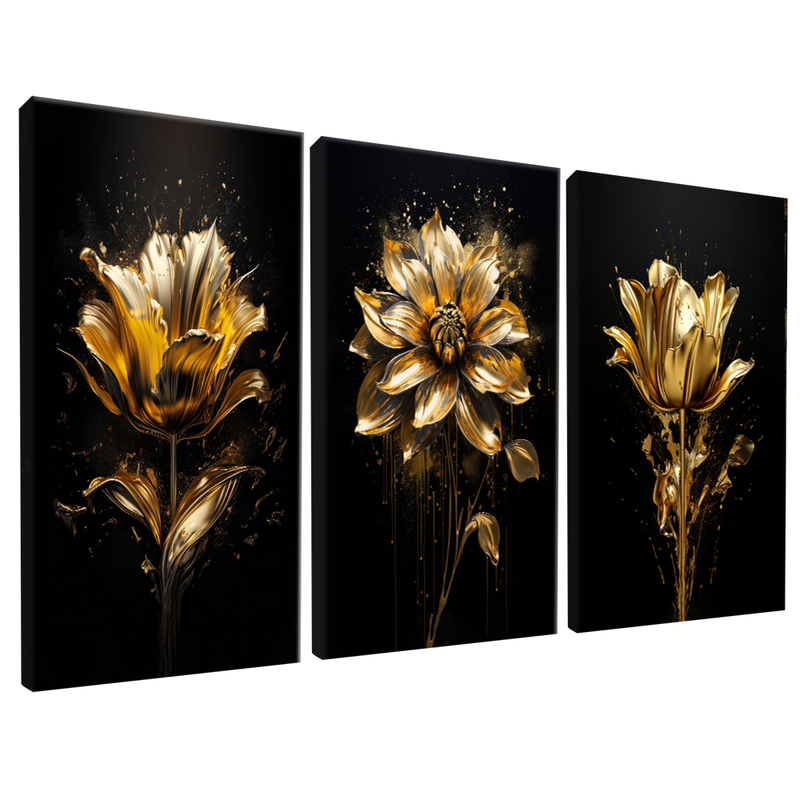 3 Pieces Flowers Paint Gold V115 Canvas