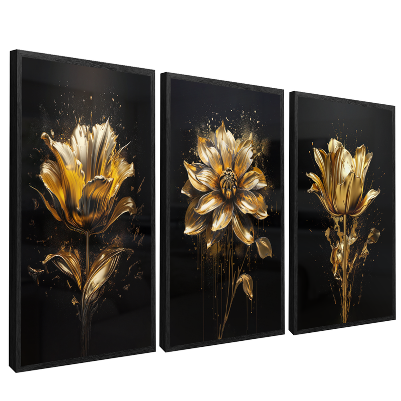 3 Pieces Flowers Paint Gold V115 Canvas