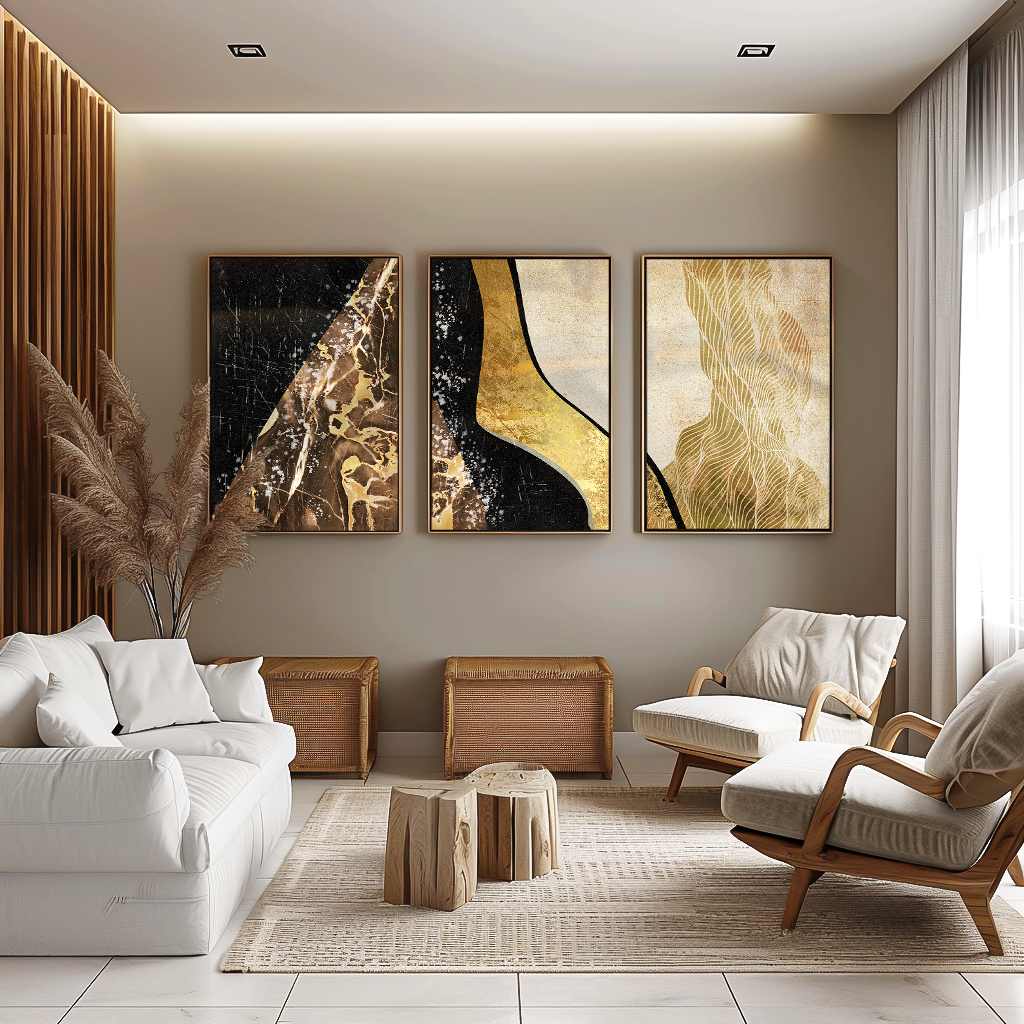 3 Pieces Golden Abstract Waves V1517 Canvas