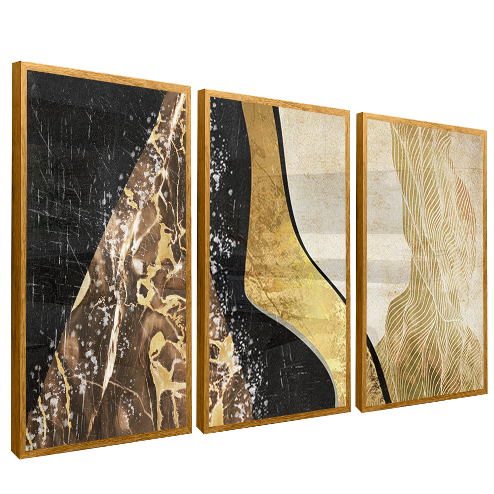 3 Pieces Golden Abstract Waves V1517 Canvas