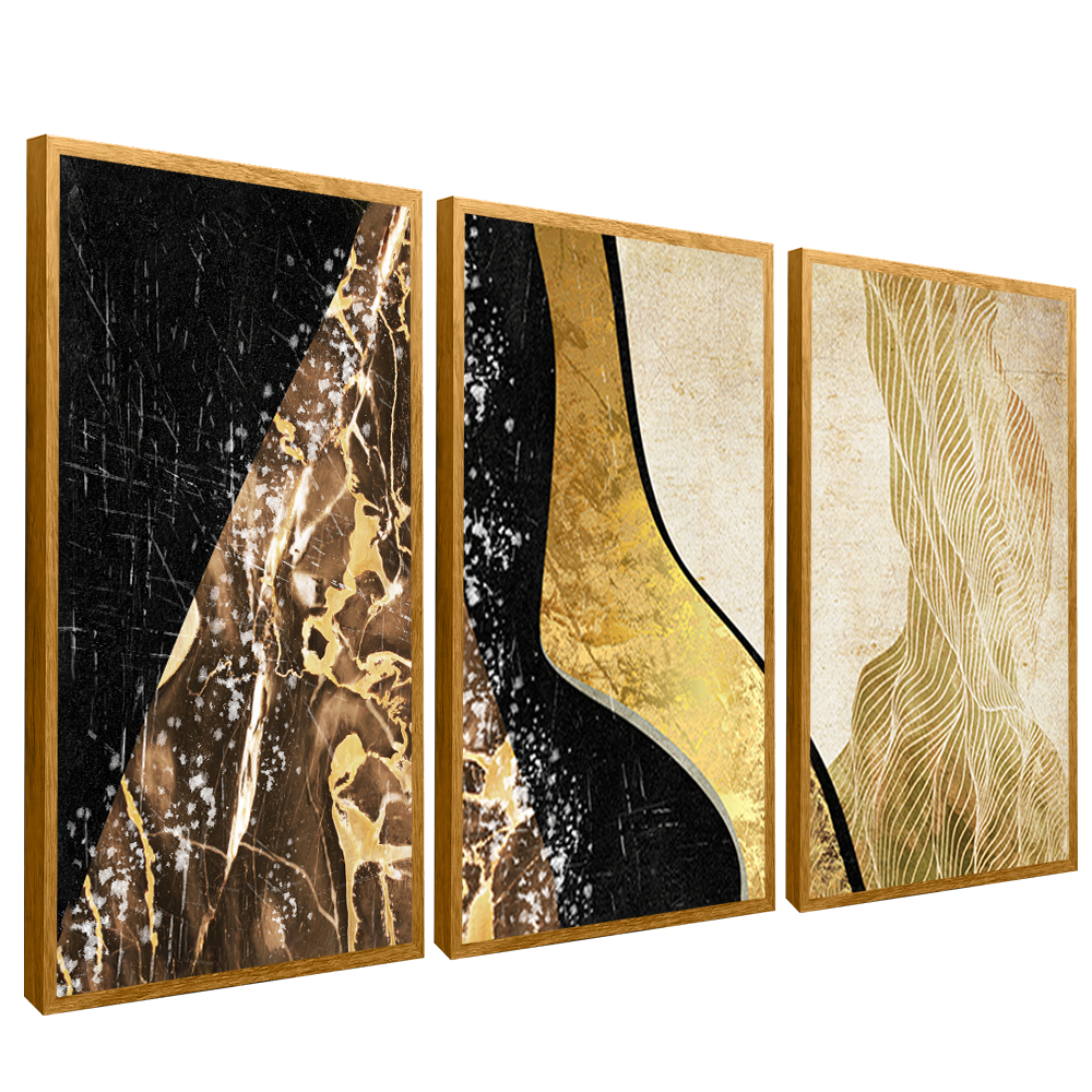 3 Pieces Golden Abstract Waves V1517 Canvas