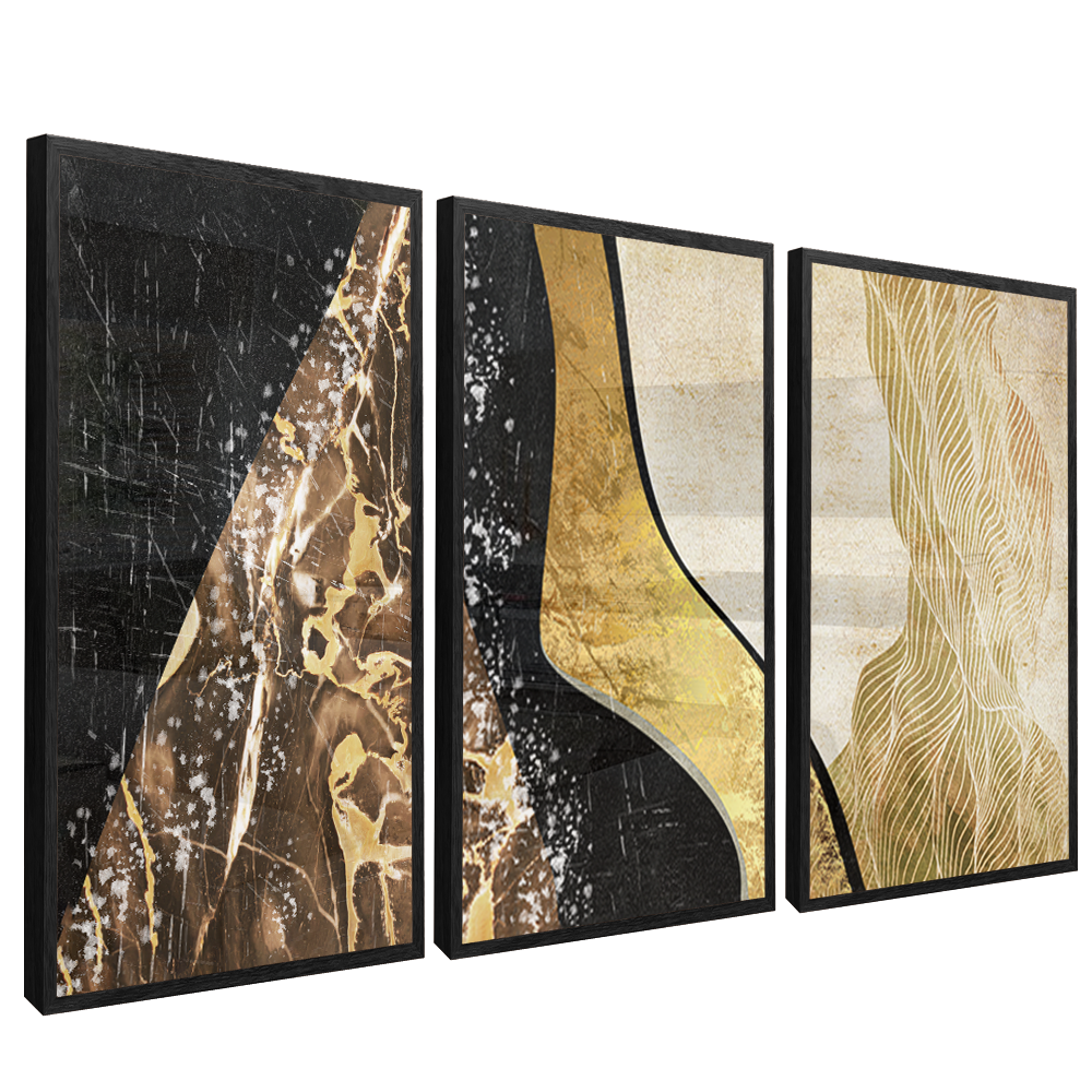 3 Pieces Golden Abstract Waves V1517 Canvas