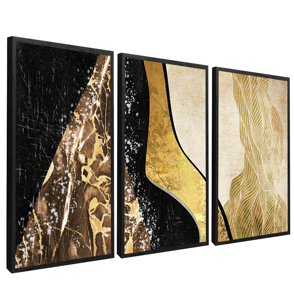 3 Pieces Golden Abstract Waves V1517 Canvas