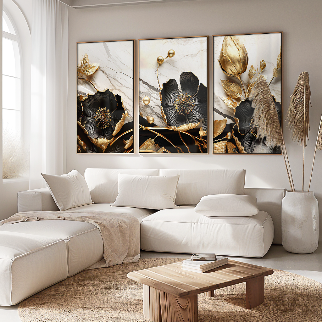 3 Pieces Golden Floral on Marble V1535 Canvas