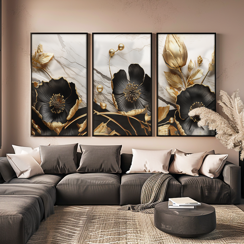 3 Pieces Golden Floral on Marble V1535 Canvas