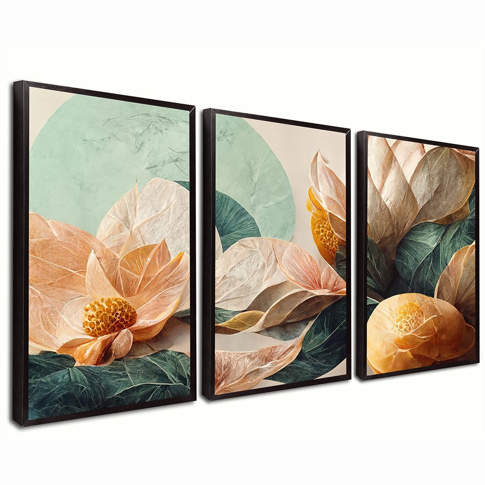 Abstract Flower Trio on a Leaf Canvas