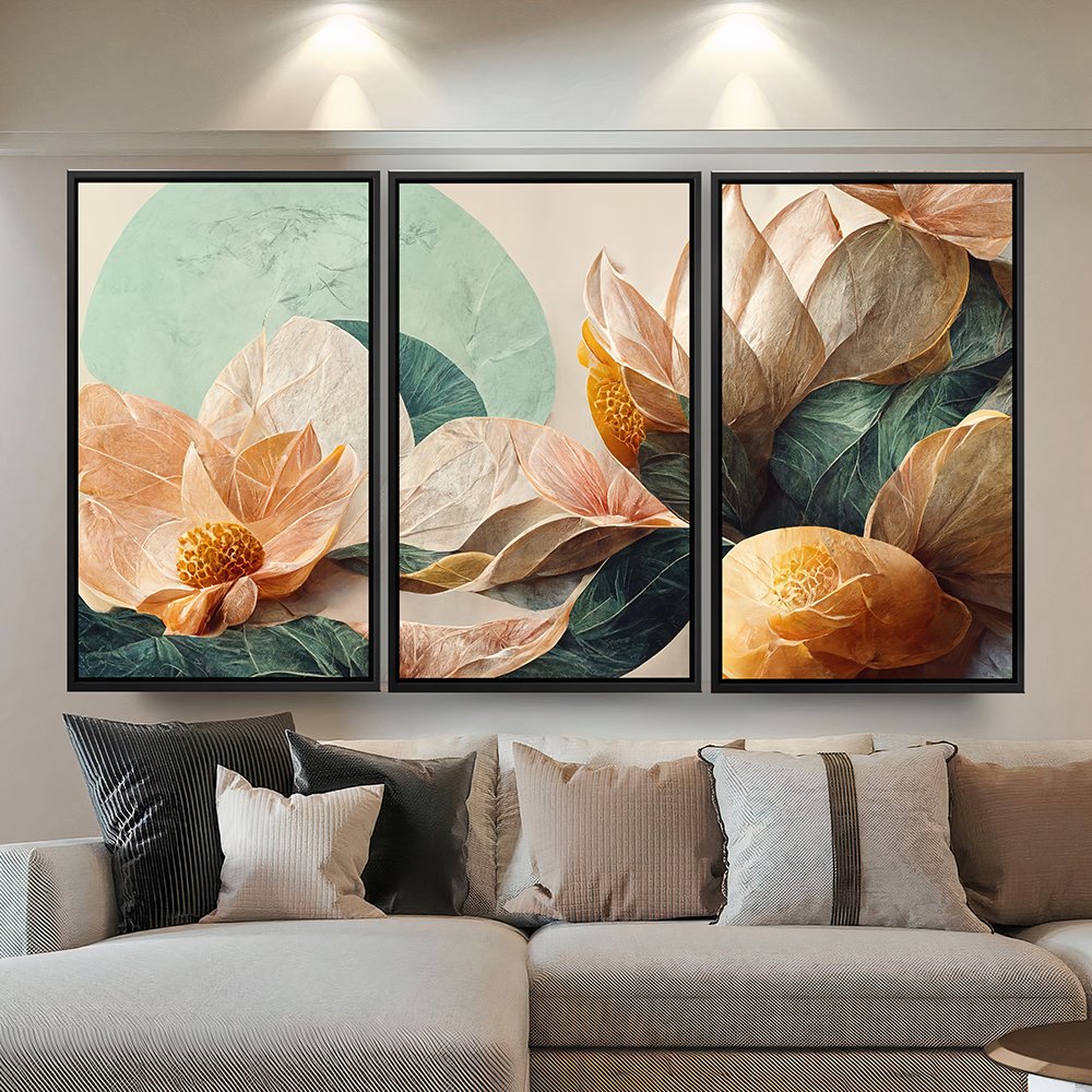 Abstract Flower Trio on a Leaf Canvas