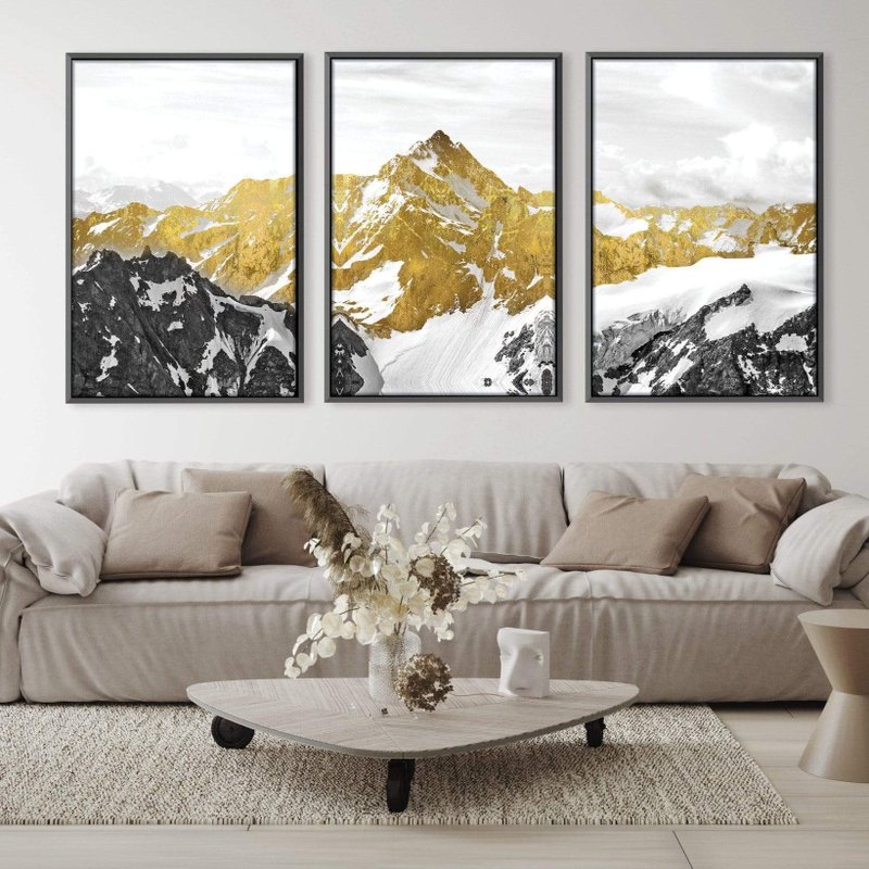 Abstract Golden Mountains 3 Screens Canvas