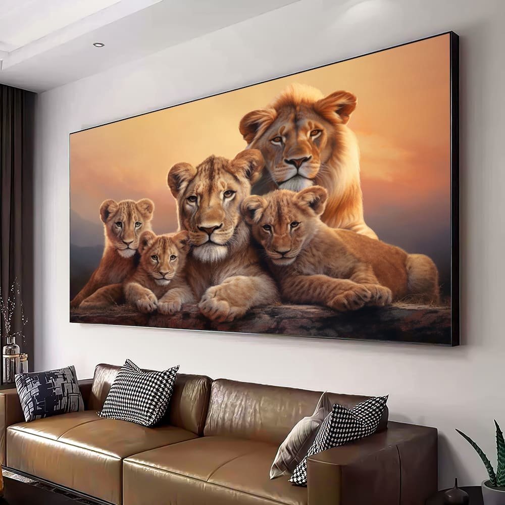 Family of Lions with 3 Cubs Canvas