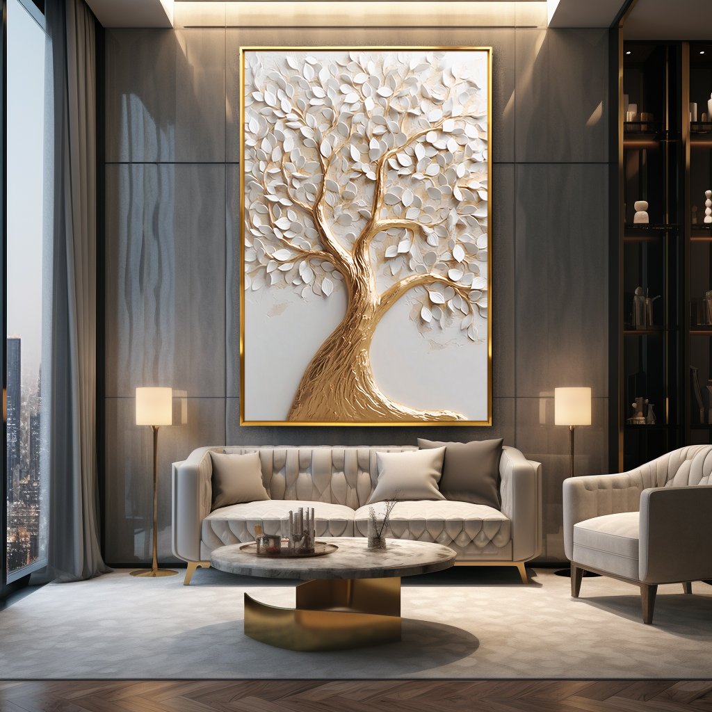 Gold Tree with White Petals Canvas