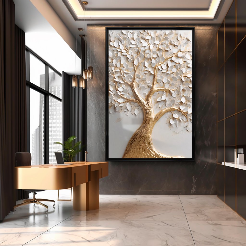 Gold Tree with White Petals Canvas