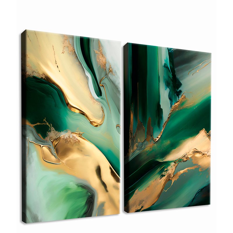 Green and Gold Abstract Kit with 2 Paintings Canvas