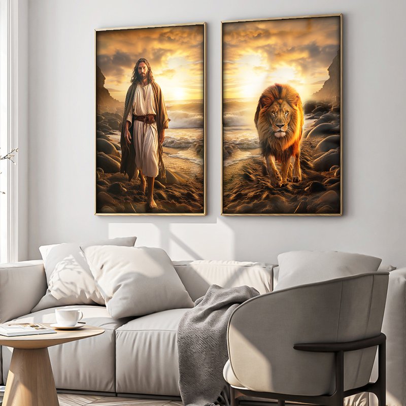 Jesus And Lion On The Beach Canvas V1575