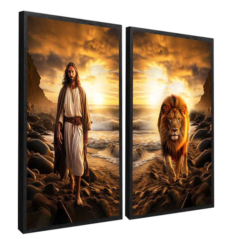 Jesus And Lion On The Beach Canvas V1575