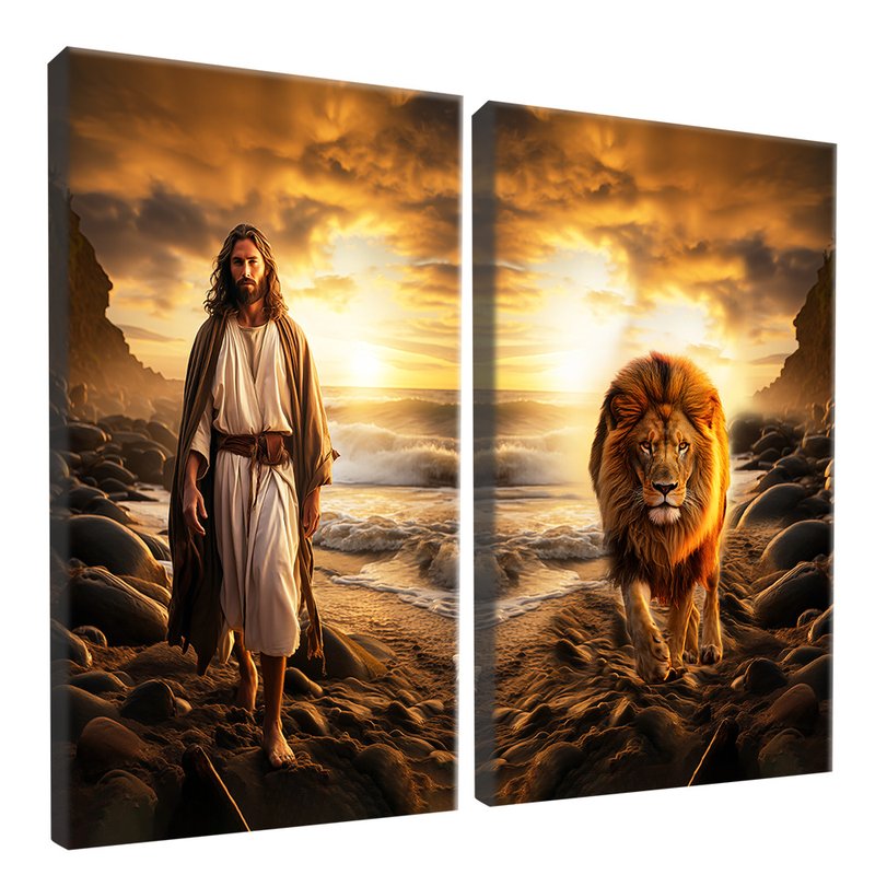 Jesus And Lion On The Beach Canvas V1575