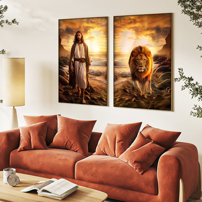 Jesus And Lion On The Beach Canvas V1575