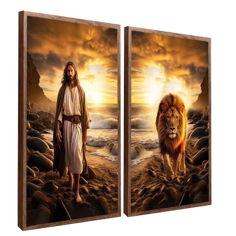 Jesus And Lion On The Beach Canvas V1575