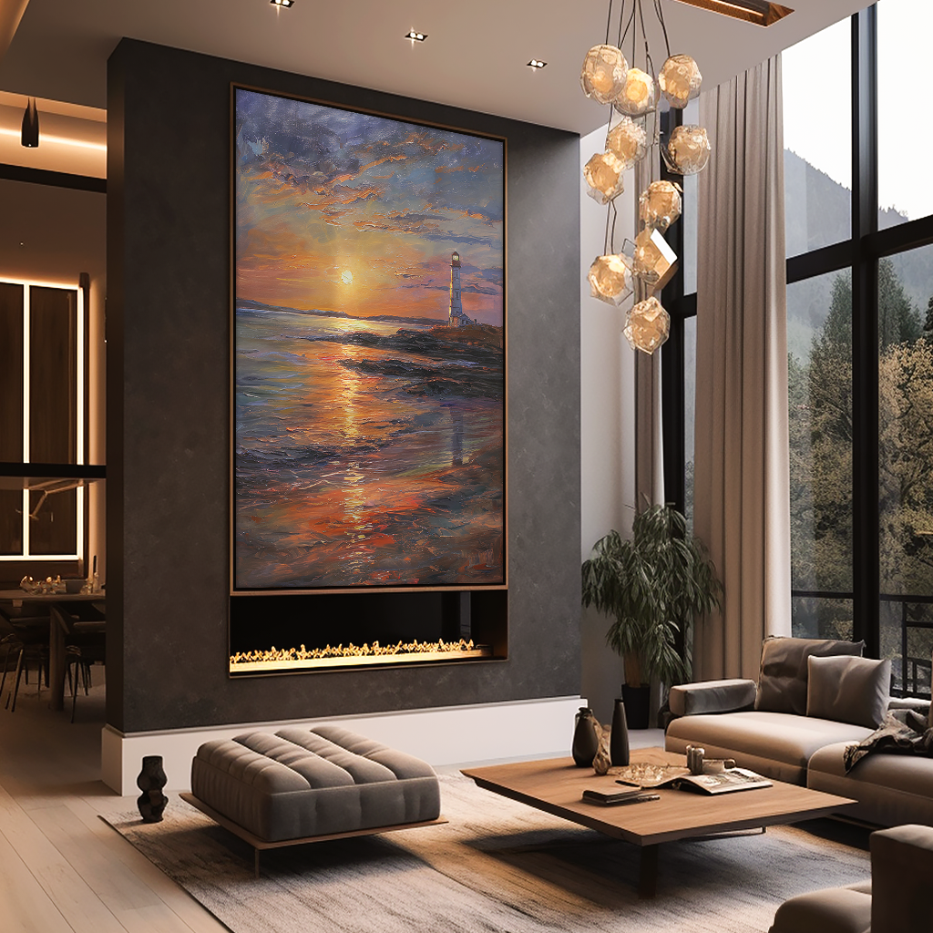 Lighthouse at Sunset Painting V1163 Canvas